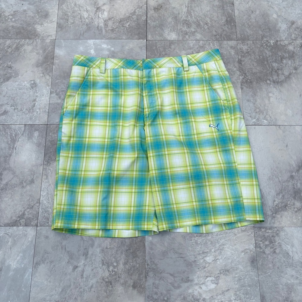Puma Golf Shorts Men 36 Green Blue Plaid Performance Flat Front Moisture Wicking